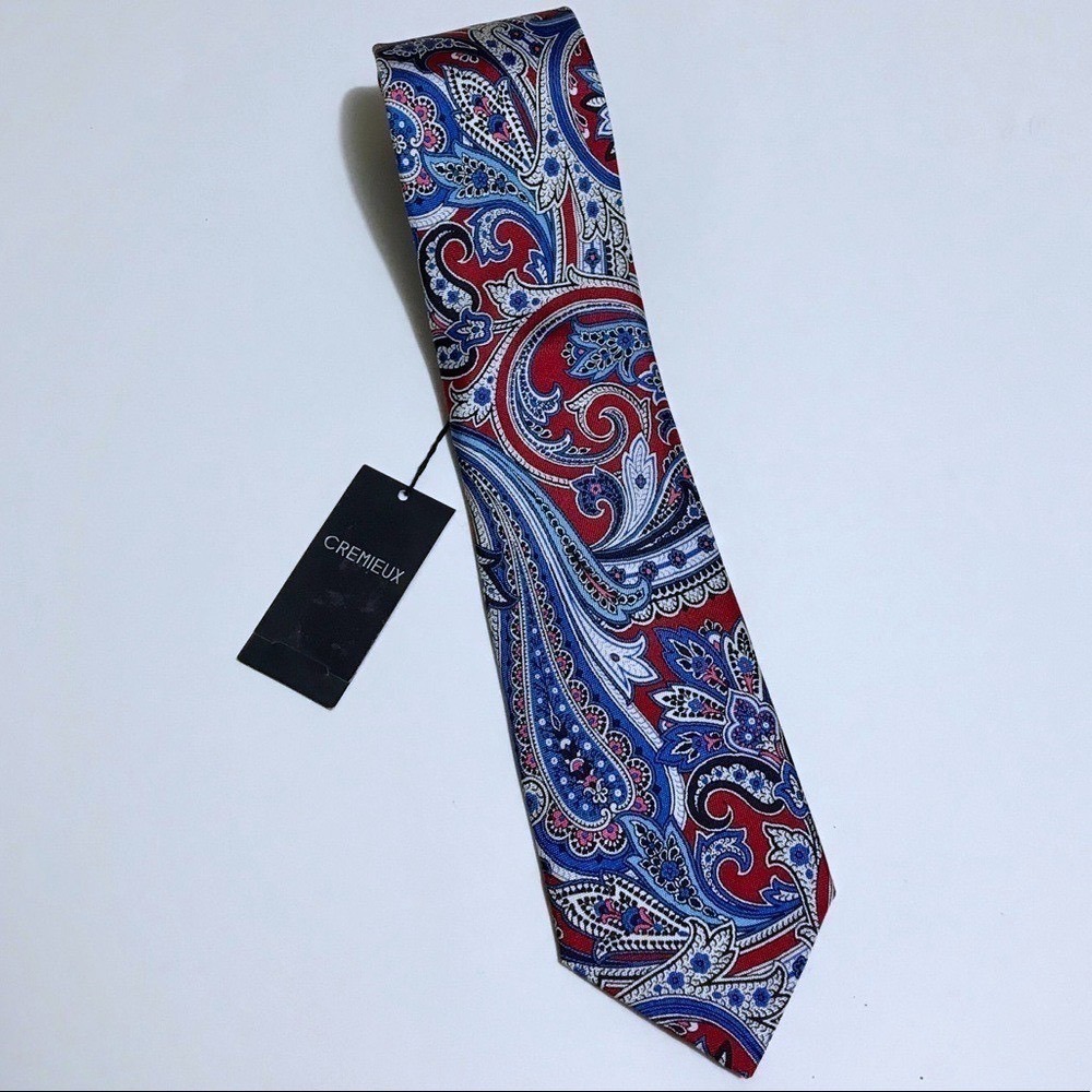 Cremieux Mens Silk Necktie Red‎ Blue White Paisley Handmade USA New With Tags